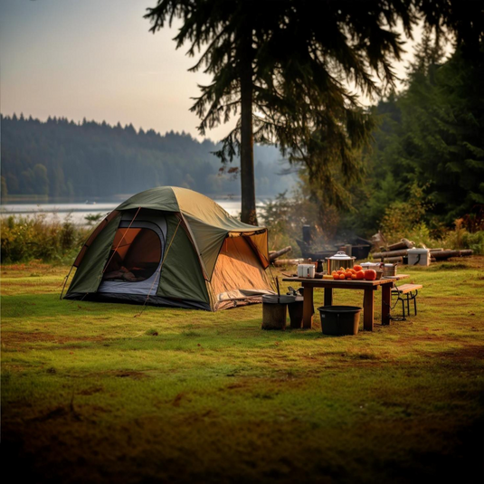 Tent next to river with a table with cookware on it